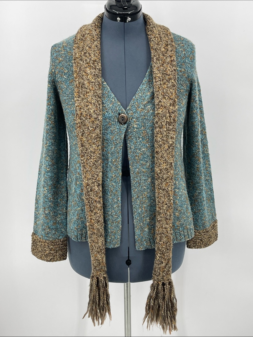 Christopher & Banks Teal and Brown Shawl-Collar Cardigan with Tassel Scarf SIZ M